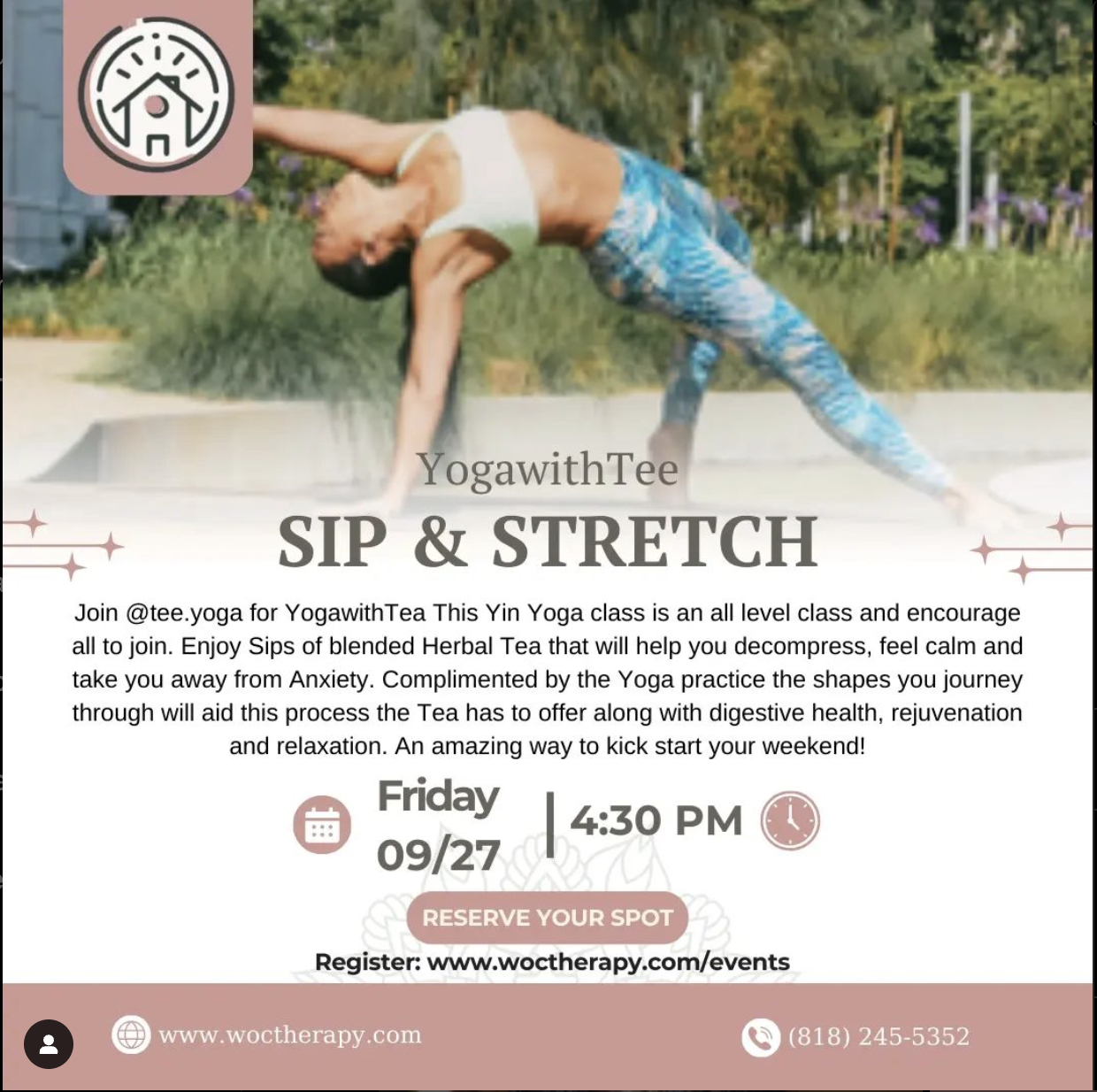 Poster for a yoga class event titled "Sip & Stretch" on September 27th at 4:30 PM. Sip soothing tea as you stretch, promoting anxiety relief, digestive health, and relaxation. More info at www.wochtherapy.com.